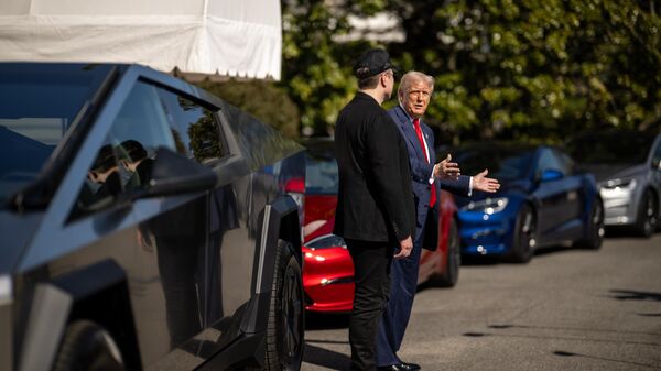 Президент США Дональд Трамп и Элон Маск рядом с новой моделью Tesla у Белого дома США